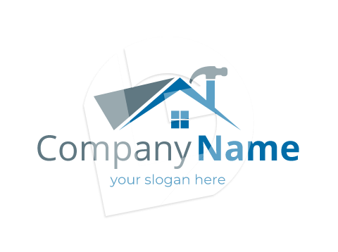 building and construction logo with roof and hammer