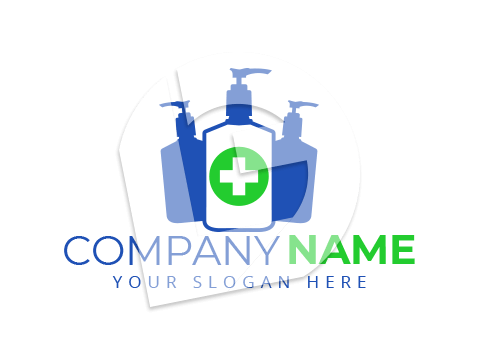 Hand sanitizer bottles and ppe/hygiene supplies logo. Green medical  cross 