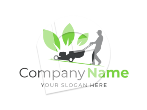 SIlhoutte of man pushing lawn mower logo for gardening company with green leaves