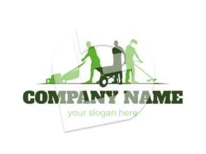 Professional gardening and landscaping logo. Silhoutte of men with lawn mower, wheelbarrow and trimmer