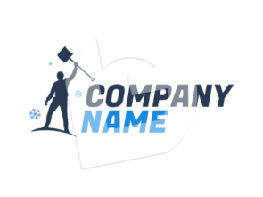 Snow plowing and blowing logo. Silhouette of man holding snow shovel