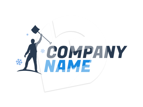 Snow plowing and blowing logo. Silhouette of man holding snow shovel